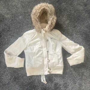 Y2K Hollister Jacket Womens Large White Faux Fur Hood Lined Winter Coat Utility